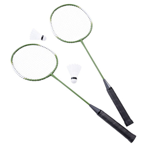 Two badminton rackets with black grips are positioned side by side alongside two white shuttlecocks placed nearby, creating a ready-to-play sports scene.