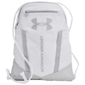 A white drawstring backpack with a prominent grey Under Armour logo and branding is displayed in a clean, minimalistic style, focused on functionality for sports or casual use.