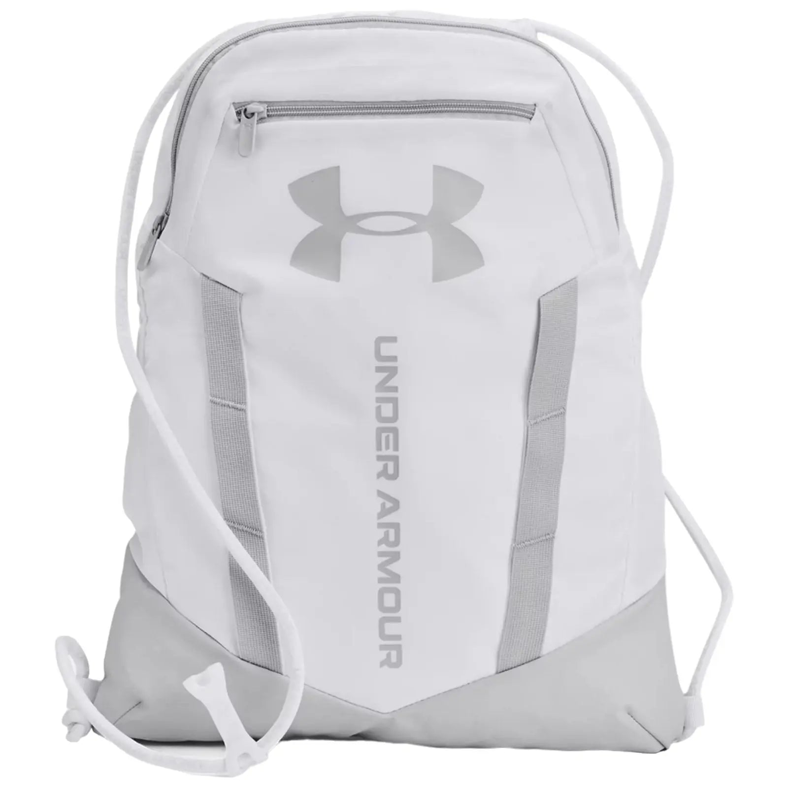 A white drawstring backpack with a prominent grey Under Armour logo and branding is displayed in a clean, minimalistic style, focused on functionality for sports or casual use.