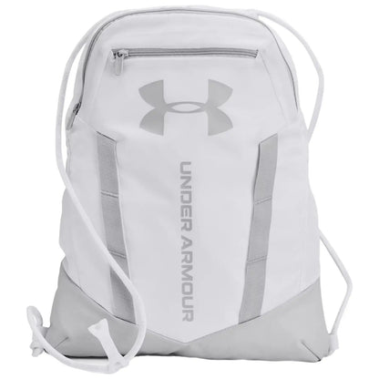 A white drawstring backpack with a prominent grey Under Armour logo and branding is displayed in a clean, minimalistic style, focused on functionality for sports or casual use.