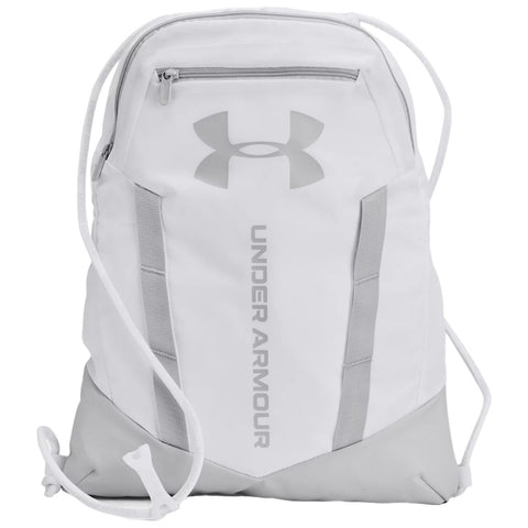 A white drawstring backpack with a prominent grey Under Armour logo and branding is displayed in a clean, minimalistic style, focused on functionality for sports or casual use.