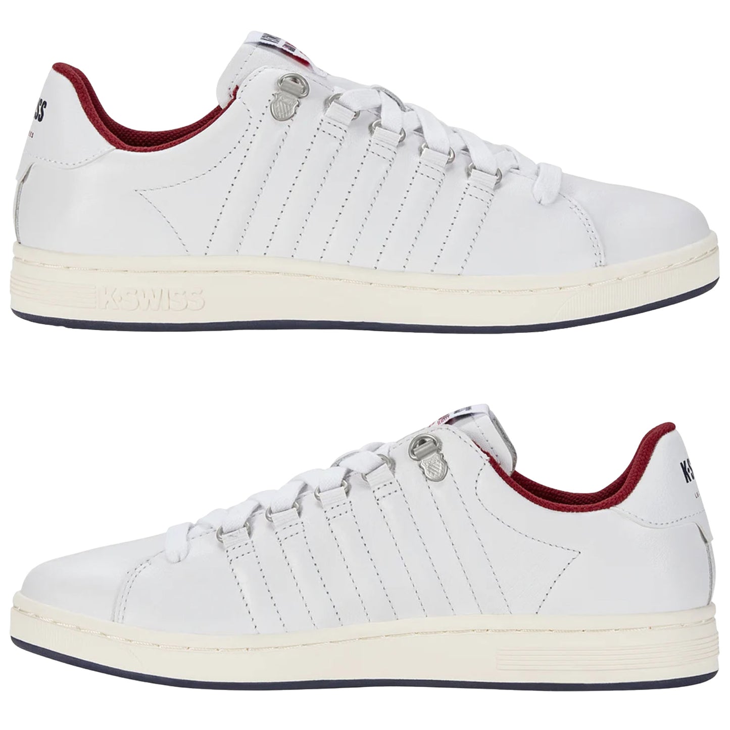 A pair of white tennis shoes with red accents and striped detailing is displayed from multiple angles showcasing a sleek design and a rubber sole suitable for athletic wear.