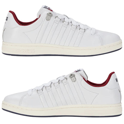 A pair of white tennis shoes with red accents and striped detailing is displayed from multiple angles showcasing a sleek design and a rubber sole suitable for athletic wear.