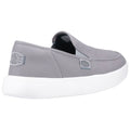 A grey slip-on shoe features a white sole and elastic side panels designed for easy wear with a brand label on the side emphasizing a casual style suitable for relaxed environments.