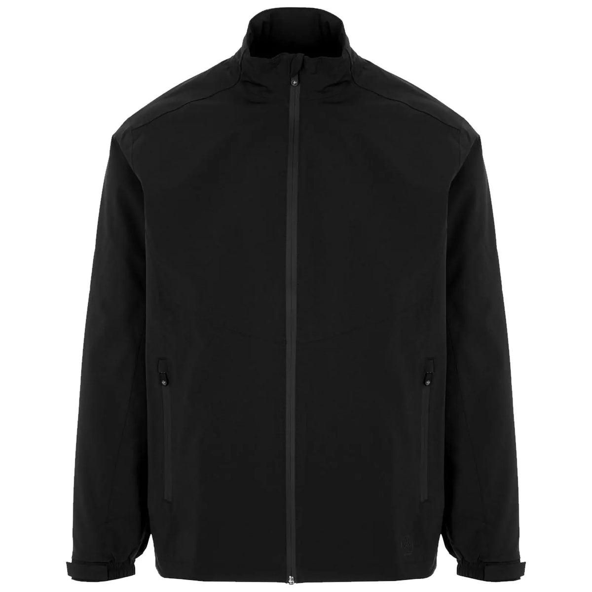 A black jacket is displayed frontally with a high collar and a zippered front it features zipped side pockets on a neutral white background.