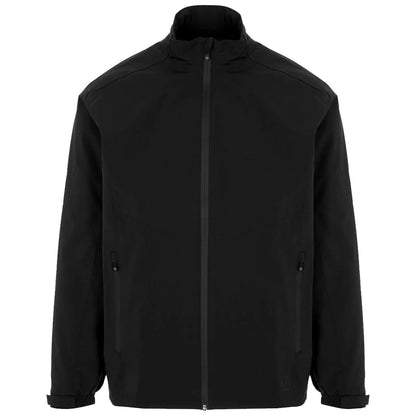 A black jacket is displayed frontally with a high collar and a zippered front it features zipped side pockets on a neutral white background.