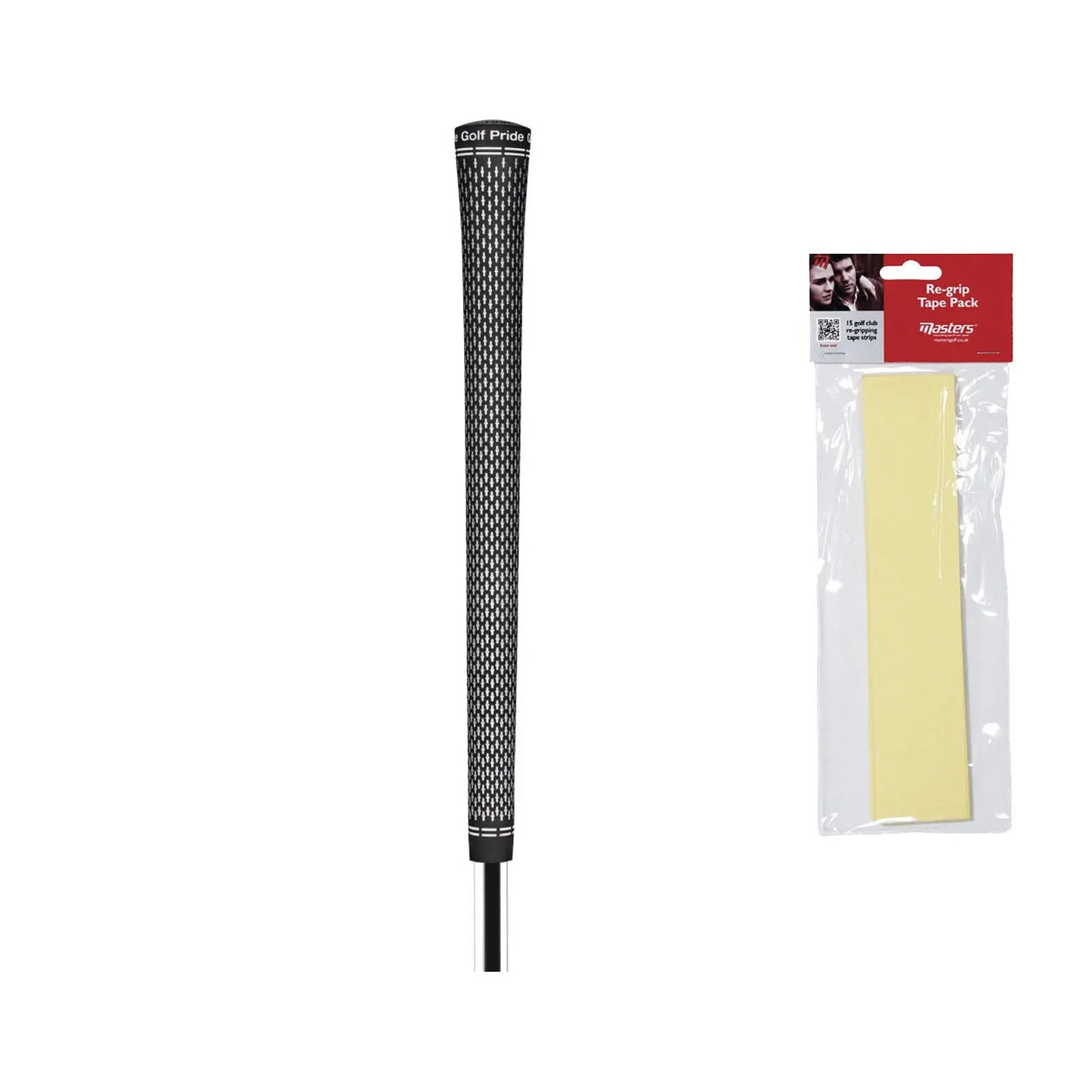 A black golf club grip with a textured surface is positioned vertically next to a packaged re-grip tape pack featuring several strips of yellow tape against a white background.