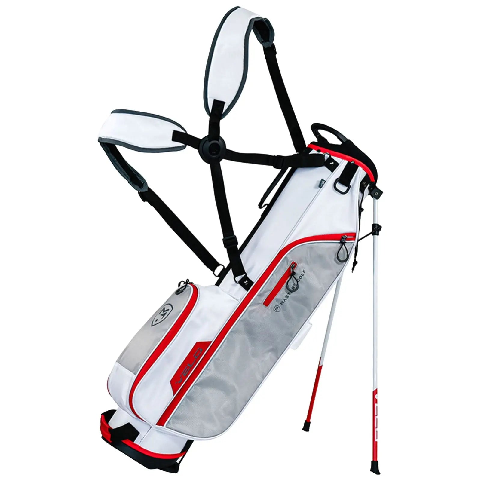A white and gray golf bag with red accents stands upright on two retractable legs featuring padded shoulder straps for carrying it easily on a golf course.