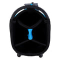 A black bag with blue accents features a spacious interior divided by mesh and fabric sections with a handle on top for easy carrying situated against a plain background.