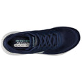 A navy blue athletic shoe features a mesh upper and lace-up design resting on a white sole with "SKECHERS Air-Cooled MEMORY FOAM" visible on the insole.