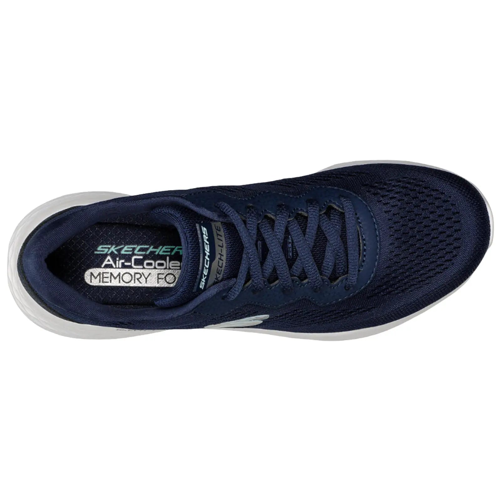 A navy blue athletic shoe features a mesh upper and lace-up design resting on a white sole with "SKECHERS Air-Cooled MEMORY FOAM" visible on the insole.