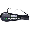 A black tennis racquet bag displays its contents which include a round tennis racquet and a few tennis balls organized neatly inside showcasing a logo that reads PURE4FUN