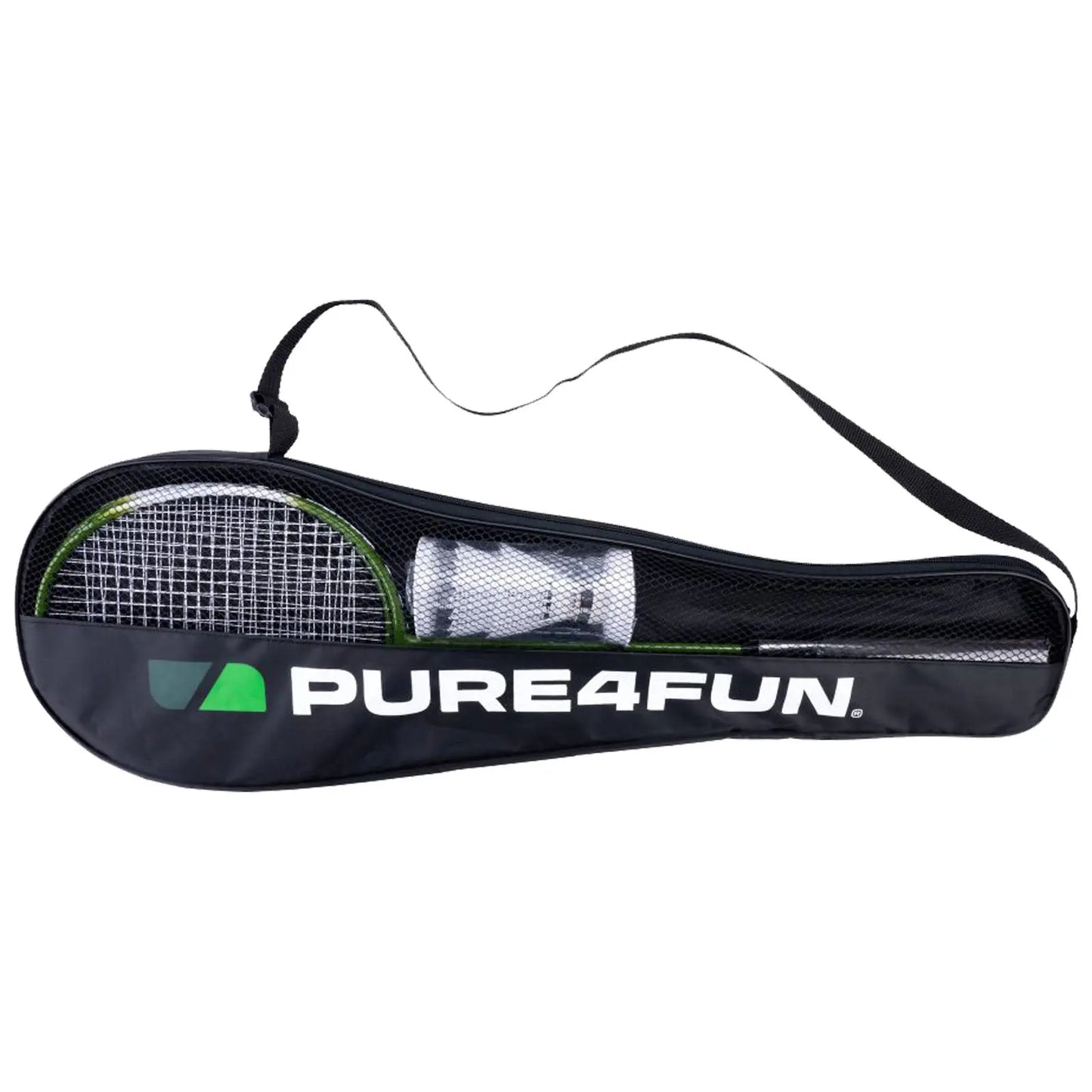 A black tennis racquet bag displays its contents which include a round tennis racquet and a few tennis balls organized neatly inside showcasing a logo that reads PURE4FUN
