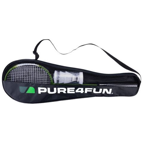 A black tennis racquet bag displays its contents which include a round tennis racquet and a few tennis balls organized neatly inside showcasing a logo that reads PURE4FUN