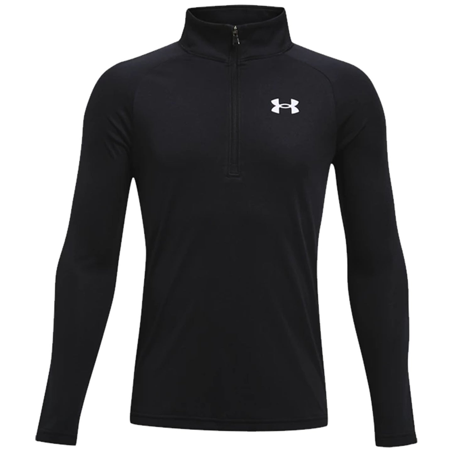A black long-sleeve athletic shirt with a quarter zip at the collar features a small white logo on the upper left side suitable for sports or casual wear.