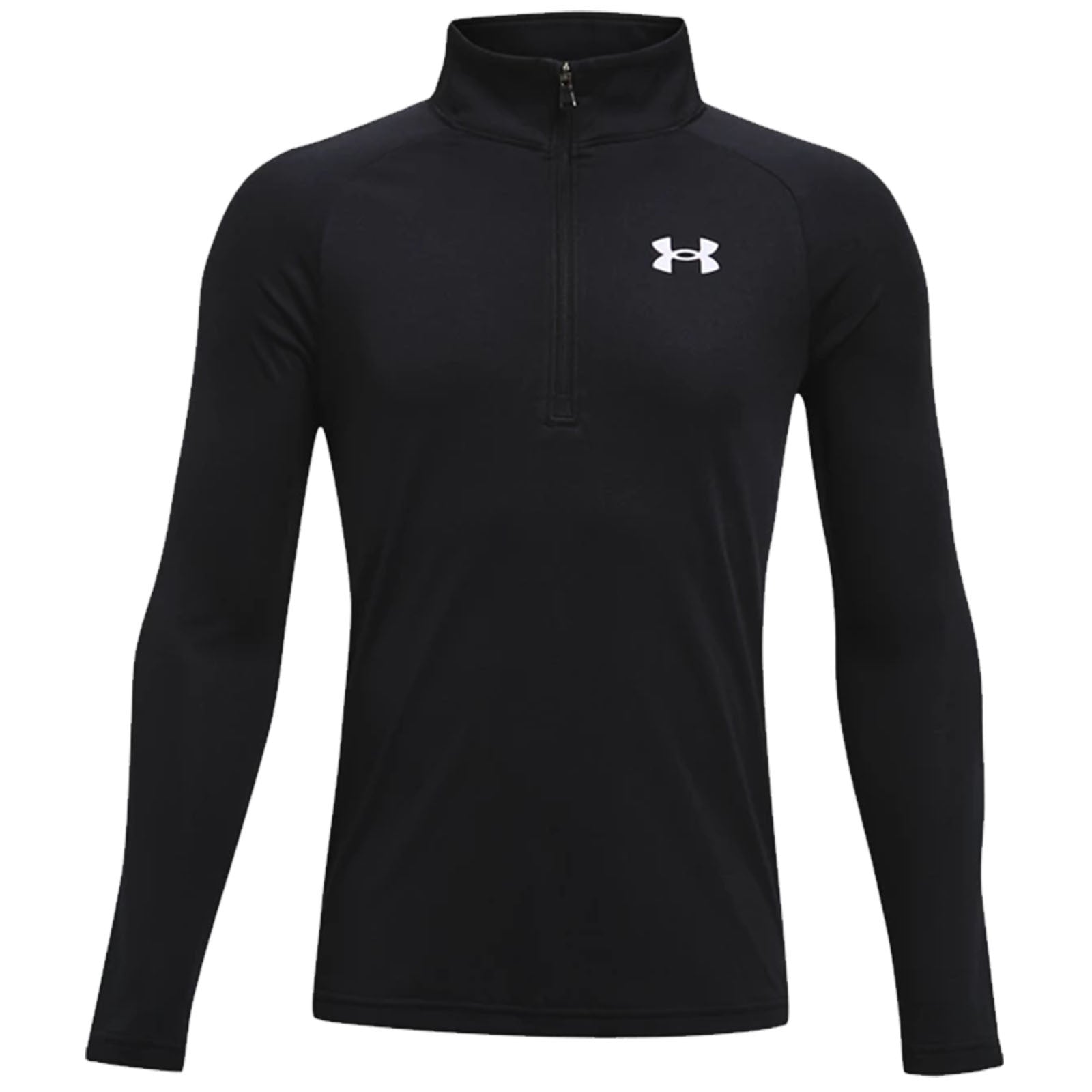 A black long-sleeve athletic shirt with a quarter zip at the collar features a small white logo on the upper left side suitable for sports or casual wear.