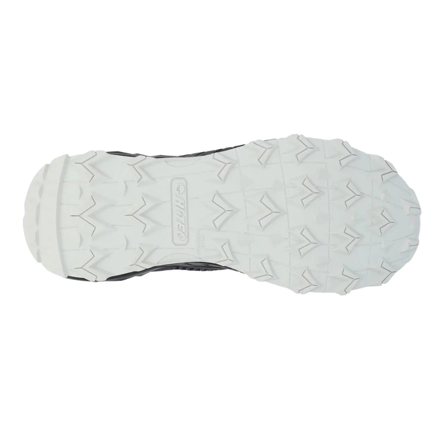 A shoe sole features a textured white rubber surface designed for traction with various geometric patterns evident on the tread indicating suitable use for outdoor activities on diverse terrains.