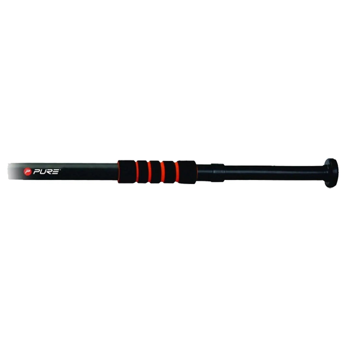 A black baseball bat rests horizontally with a textured grip featuring orange accents for better handling its smooth surface glimmers under light suggesting its new condition and readiness for use