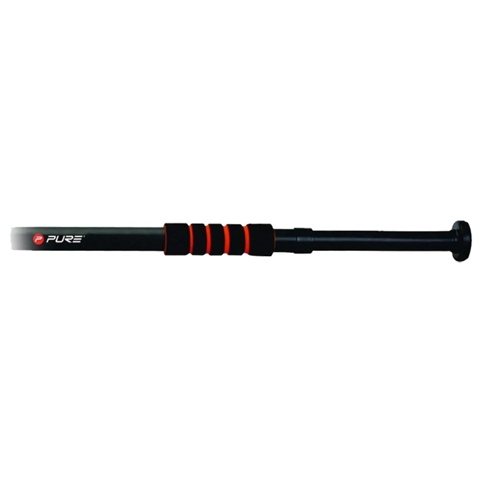 A black baseball bat rests horizontally with a textured grip featuring orange accents for better handling its smooth surface glimmers under light suggesting its new condition and readiness for use
