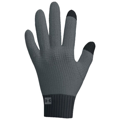 A gray knitted glove is displayed with fingers extended showcasing its design features including black tips on the thumb and first finger for touchscreen compatibility. The glove has a ribbed cuff at the wrist.