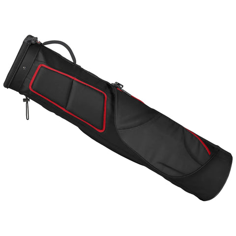 A black golf bag with red accents is positioned diagonally showcasing its curved design and zipper closures highlighting its storage capacity for golf clubs and accessories in a sporting context.