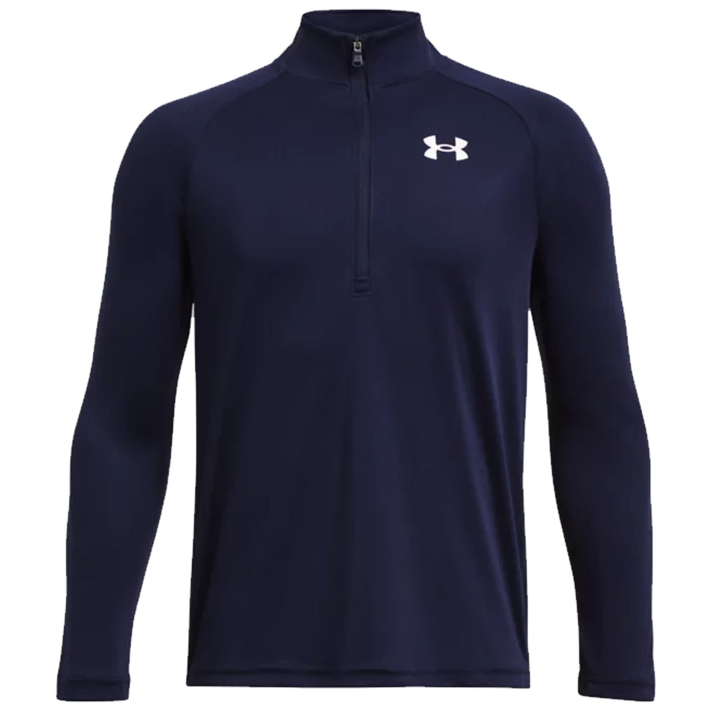 A dark navy long-sleeve athletic shirt with a quarter zip at the collar and a small white logo on the chest, suitable for sports or casual wear.