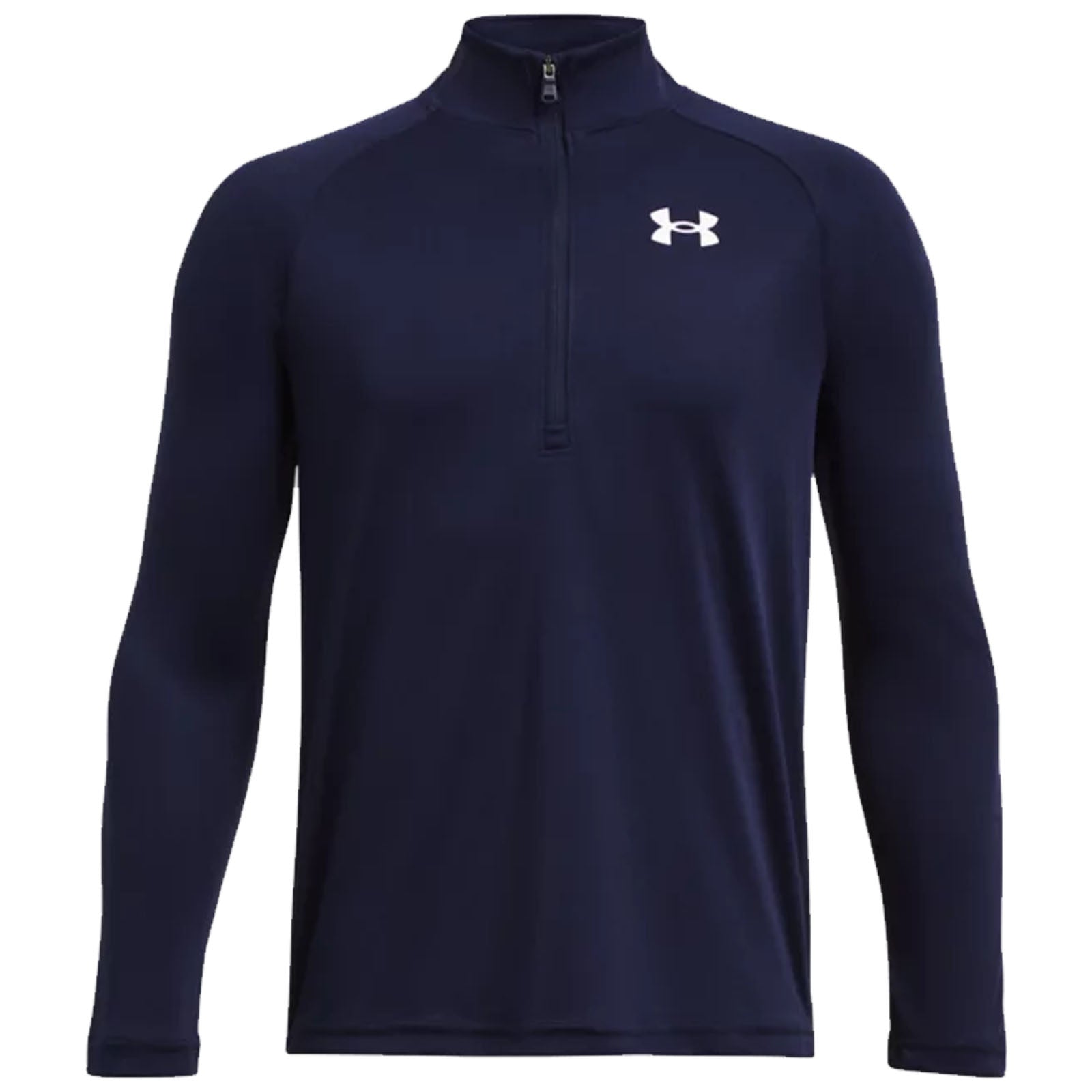 A dark navy long-sleeve athletic shirt with a quarter zip at the collar and a small white logo on the chest, suitable for sports or casual wear.