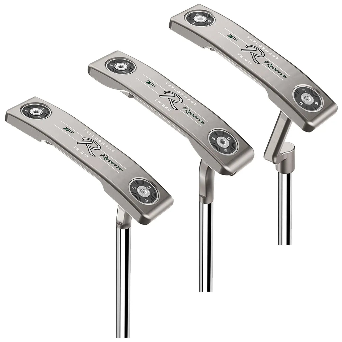 Three silver golf putters stand upright, showcasing their angled heads with markings. They are arranged closely together, highlighting their sleek design and emphasizing their intended use on the golf course.