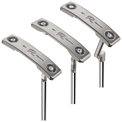 Three silver golf putters stand upright, showcasing their angled heads with markings. They are arranged closely together, highlighting their sleek design and emphasizing their intended use on the golf course.