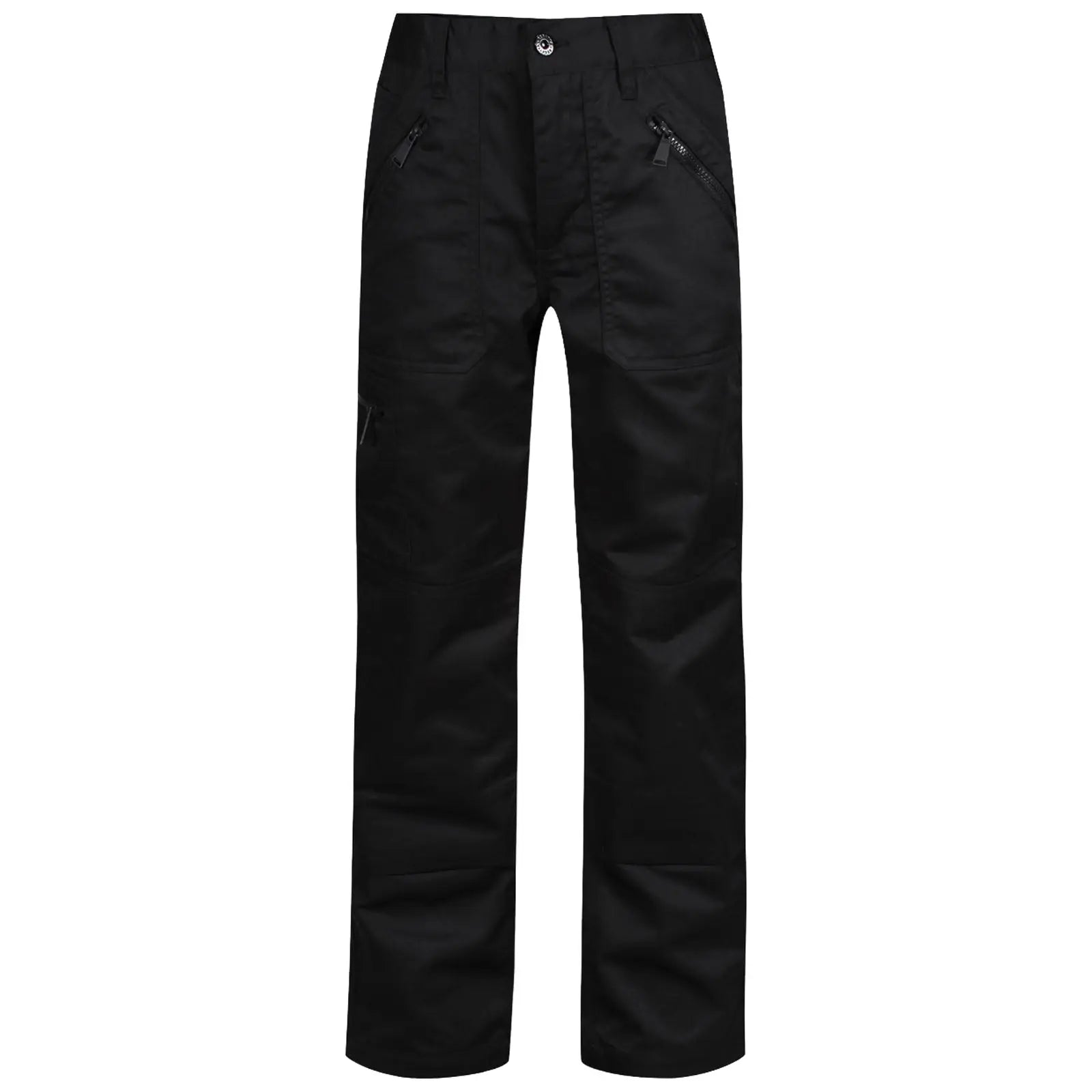 Black pants with multiple zippered pockets and reinforced knee areas are displayed standing upright against a plain background showcasing a functional design suitable for work or outdoor activities.