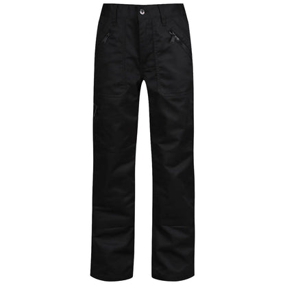 Black pants with multiple zippered pockets and reinforced knee areas are displayed standing upright against a plain background showcasing a functional design suitable for work or outdoor activities.