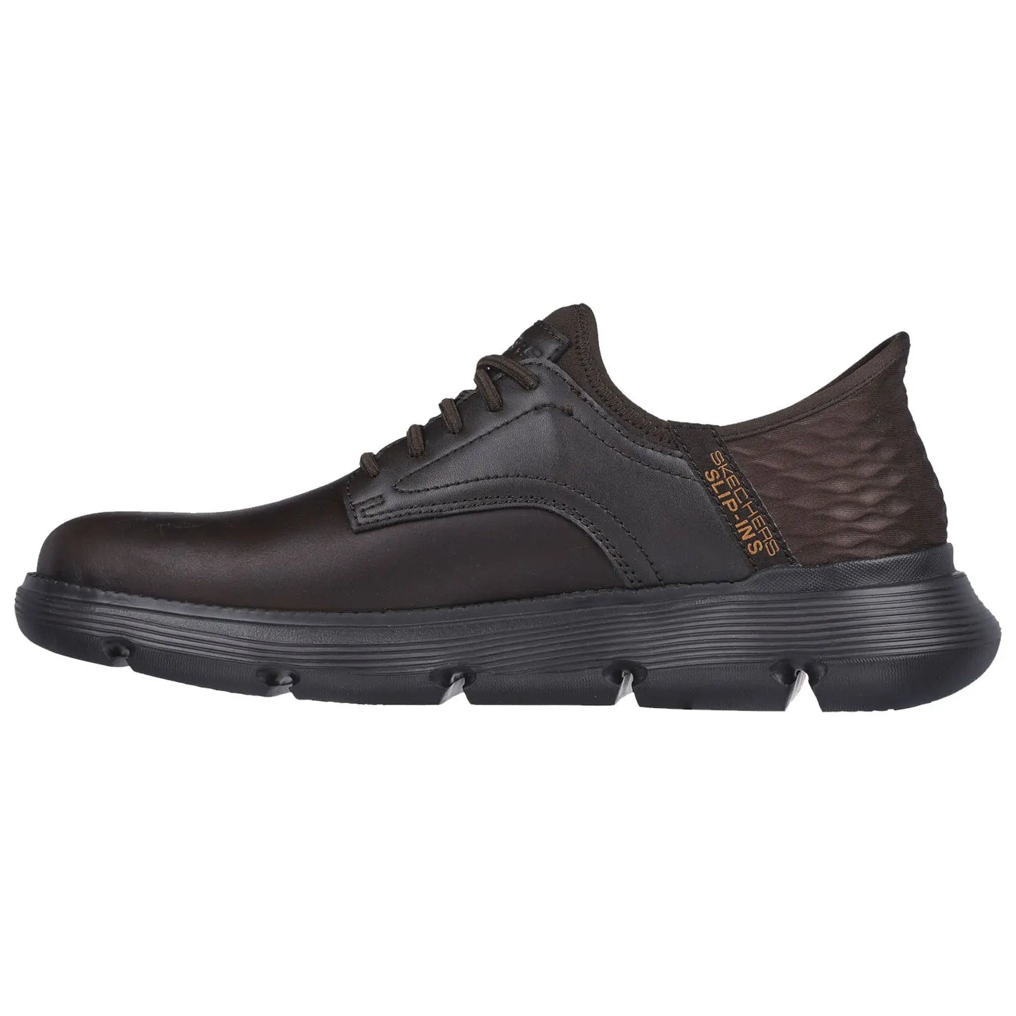 A black sneaker with a smooth leather upper and textured heel key features include laces and a cushioned sole suitable for casual or athletic wear against a plain white background