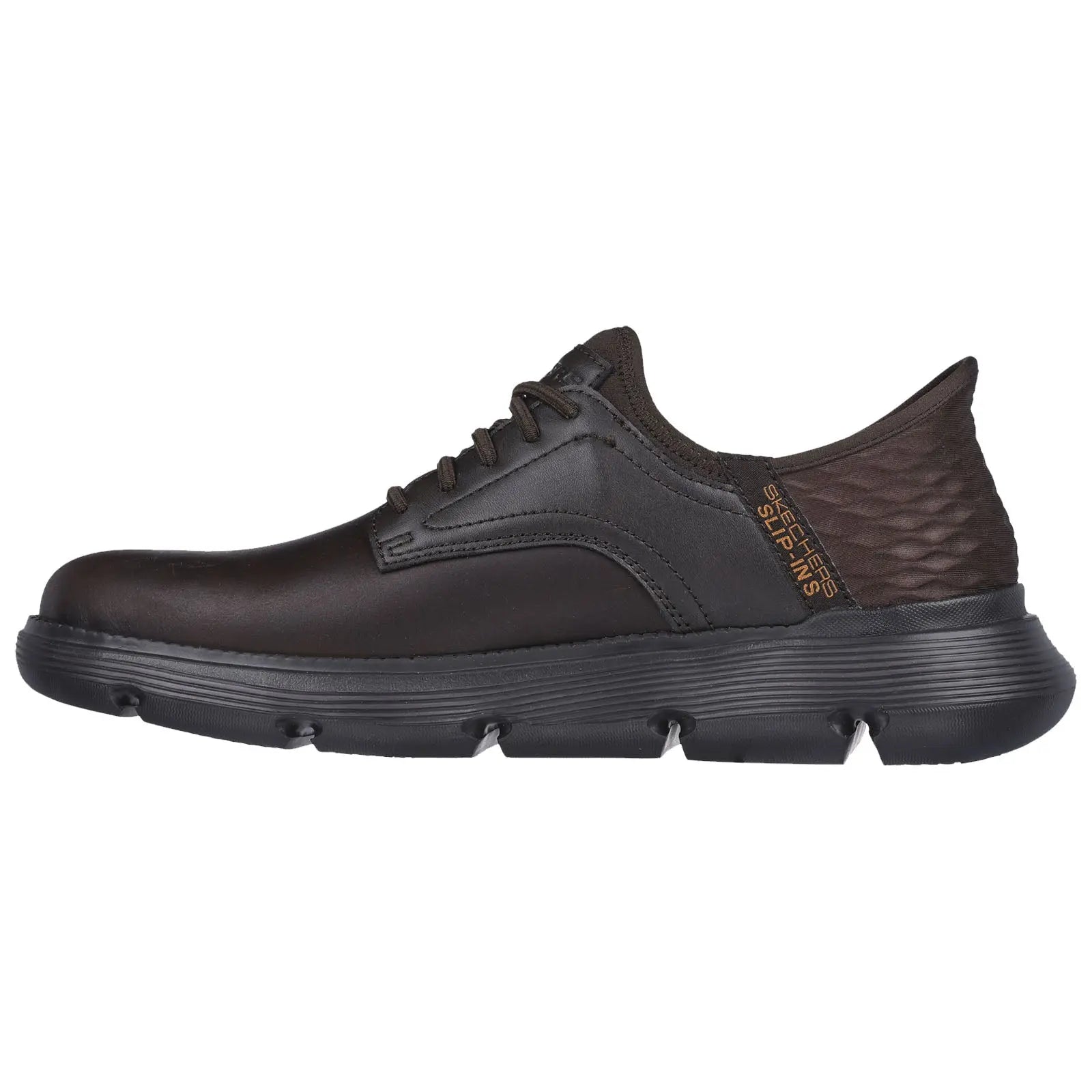 A black sneaker with a smooth leather upper and textured heel key features include laces and a cushioned sole suitable for casual or athletic wear against a plain white background