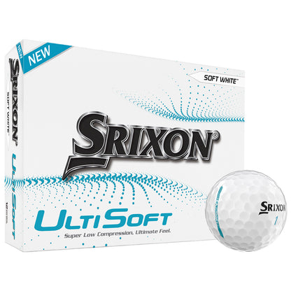 A box of Srixon Ulti Soft golf balls is displayed alongside one ball partially outside the box highlighting its smooth surface and design in a soft white color.