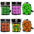 Six bags of colorful practice balls are displayed. The bags contain bright green, pink, orange, and yellow-green balls. Each bag is made of black mesh and labeled with the brand Callaway.