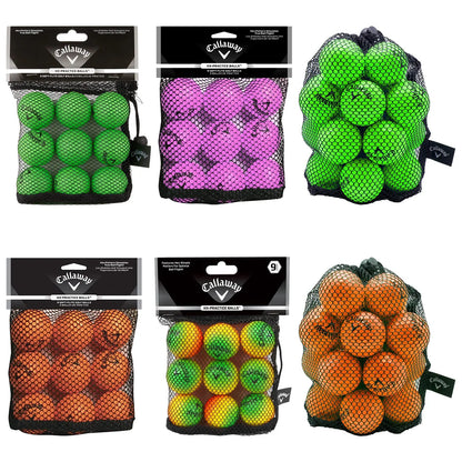 Six bags of colorful practice balls are displayed. The bags contain bright green, pink, orange, and yellow-green balls. Each bag is made of black mesh and labeled with the brand Callaway.