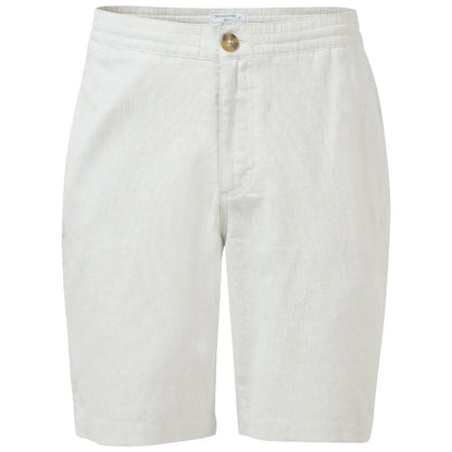 Light-colored linen shorts are prominently displayed featuring a button closure and side pockets set against a plain white background showcasing their casual summer style.