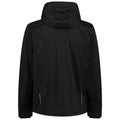 A black jacket with a hood is displayed facing away showcasing simple design and side pockets suitable for casual or outdoor use in varying weather conditions.