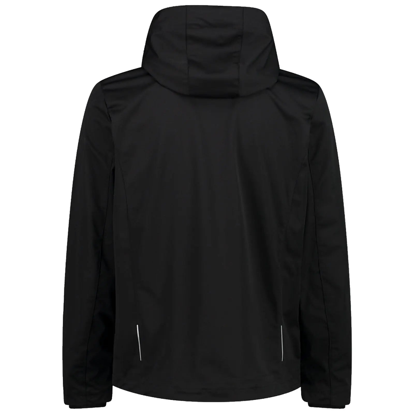 A black jacket with a hood is displayed facing away showcasing simple design and side pockets suitable for casual or outdoor use in varying weather conditions.