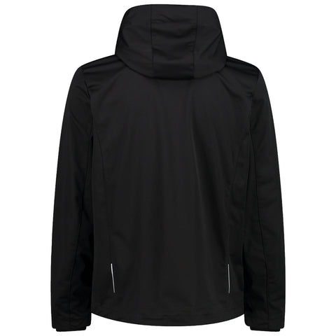 A black jacket with a hood is displayed facing away showcasing simple design and side pockets suitable for casual or outdoor use in varying weather conditions.