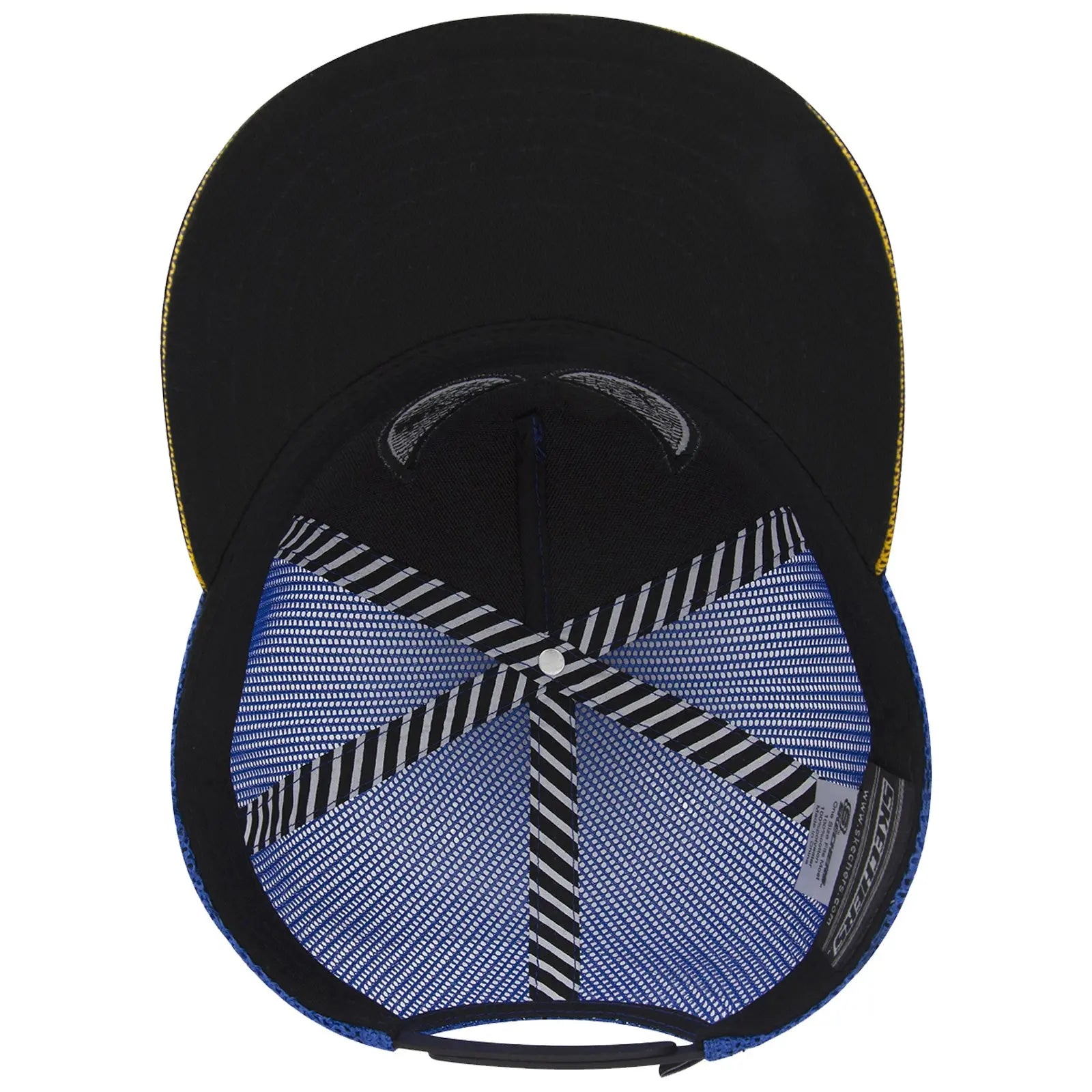 A baseball cap is displayed upside down revealing its black top and blue inner lining featuring a mesh design the underside of the brim has a yellow trim and striped patterns