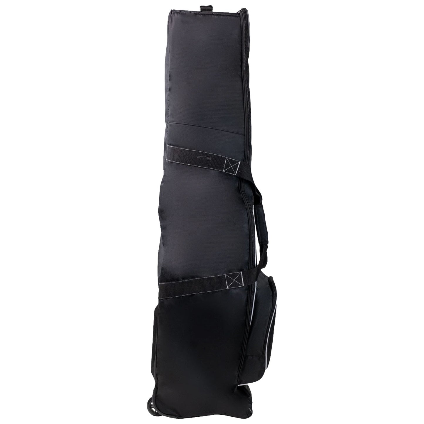 A tall black bag stands upright featuring a zipper and straps for securing contents while a side pocket is present for additional items in a simple environment.