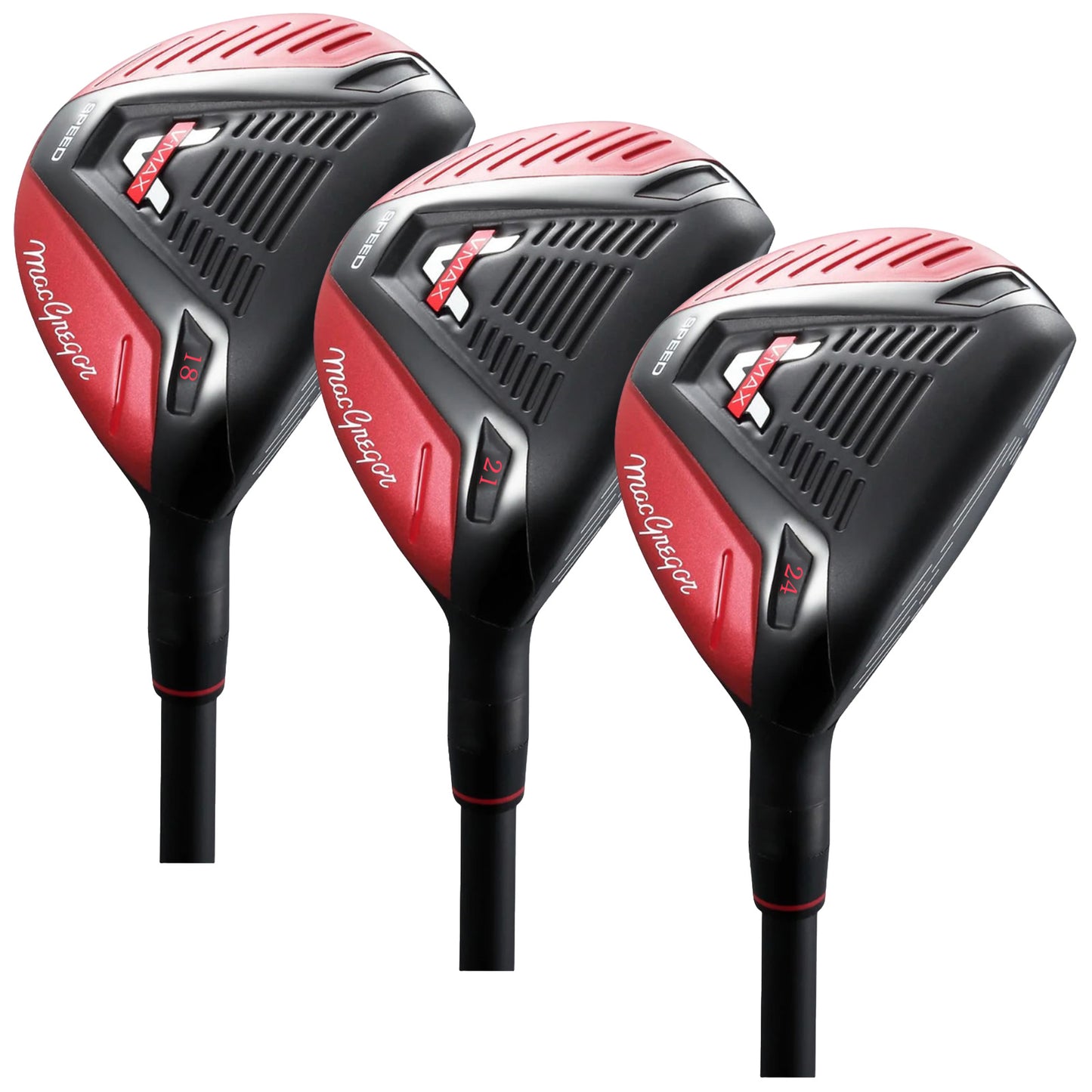 Three golf clubs are arranged closely together featuring a sleek black and red design with adjustable features labeled 18 21 and 24 indicating different loft angles for various playing techniques.
