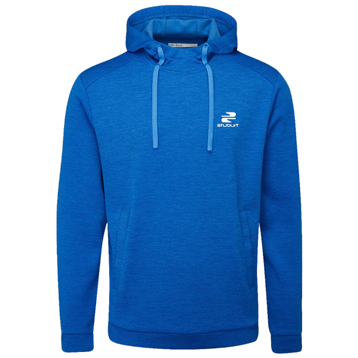 A blue hooded sweatshirt features a textured fabric design with a front pocket and two drawstrings. A small white logo is displayed on the upper left side.