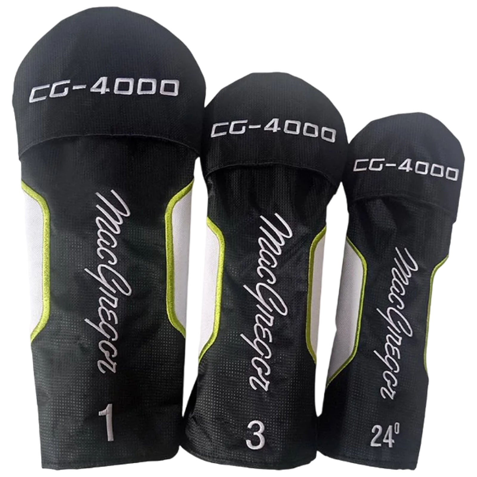 Three golf club headcovers are positioned together showcasing a black and white design with green accents. Each headcover is labeled with numbers and the name MacGregor along with CG-4000 branding.
