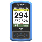 A golf GPS device displays the current hole and distance information with highlighted text showing the hole number par yardage and club recommendation in a colorful, user-friendly interface.