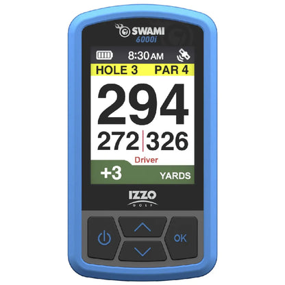 A golf GPS device displays the current hole and distance information with highlighted text showing the hole number par yardage and club recommendation in a colorful, user-friendly interface.