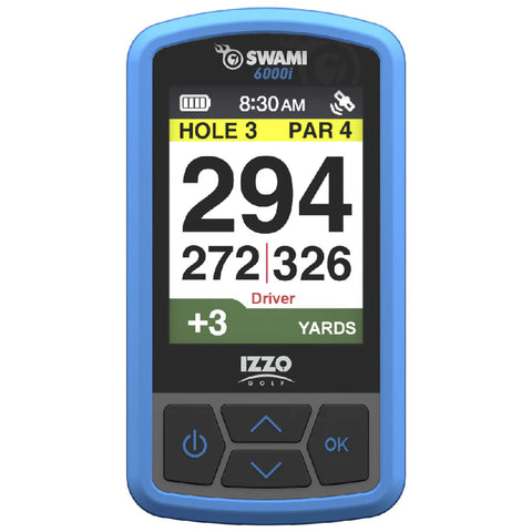 A golf GPS device displays the current hole and distance information with highlighted text showing the hole number par yardage and club recommendation in a colorful, user-friendly interface.