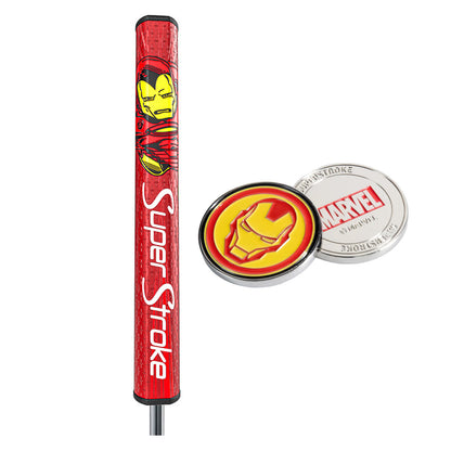 A red golf putter grip featuring an Iron Man design is positioned next to two circular markers one with Iron Man's face and the other displaying the Marvel logo.
