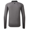 A long-sleeved gray golf shirt is displayed from the back showcasing a black collar with white stripes and a logo on the neckline suggesting a sporty design suitable for golfing activities.
